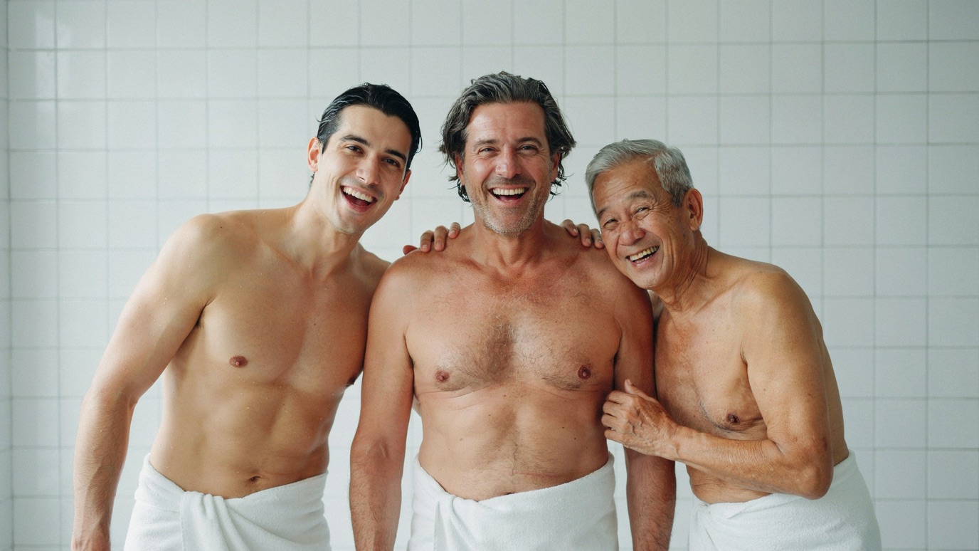 Three smiling sauna visitors wrapped in towels